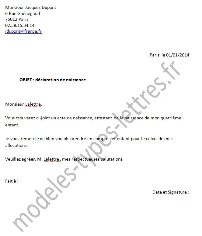 courrier type demande acte de naissance
