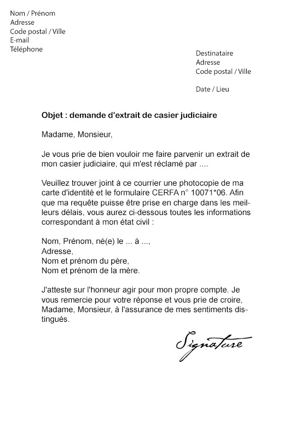 courrier type demande acte de naissance