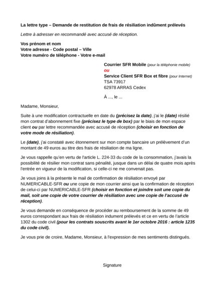 courrier type remboursement
