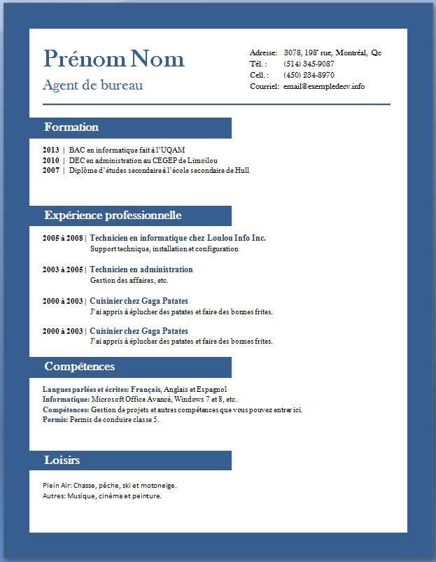 curriculum vitae exemple gratuit format word