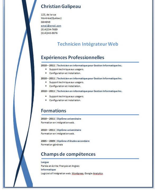 curriculum vitae exemple gratuit format word