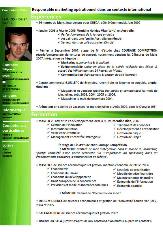 curriculum vitae pour master