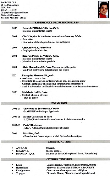 curriculum vitae pour master