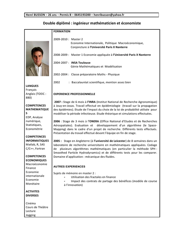 curriculum vitae pour master
