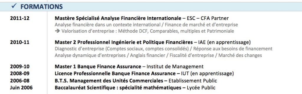 curriculum vitae pour master