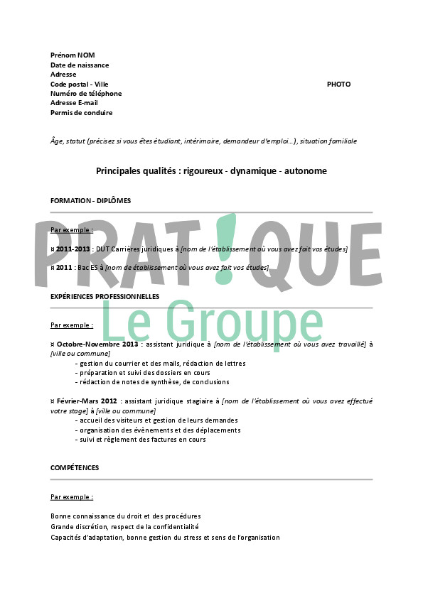 cv assistant juridique debutant