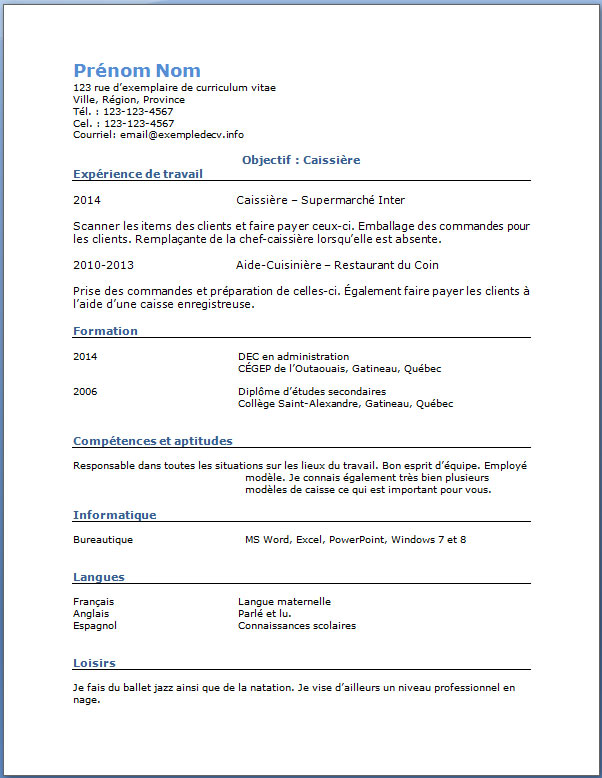 cv caissiere exemple gratuit