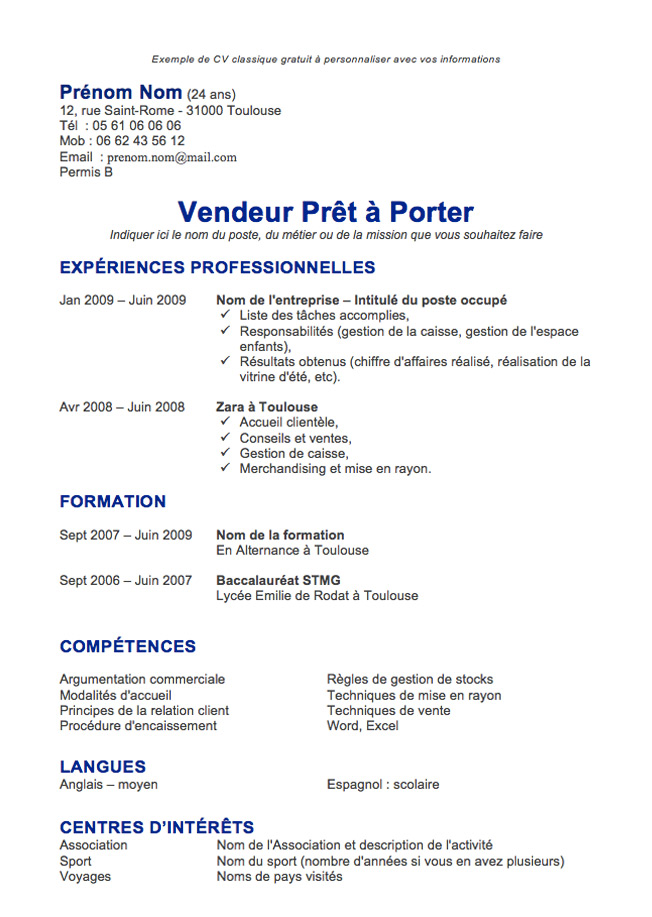 cv en francais demande de travail