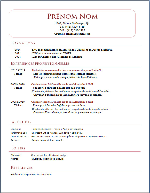 cv en francais demande de travail