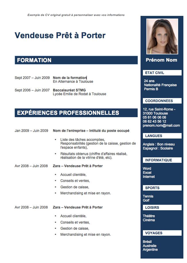 cv modele en francais gratuit