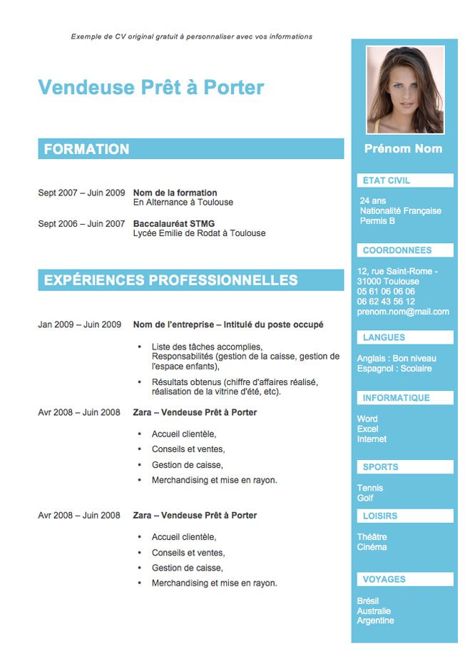 cv modele en francais gratuit