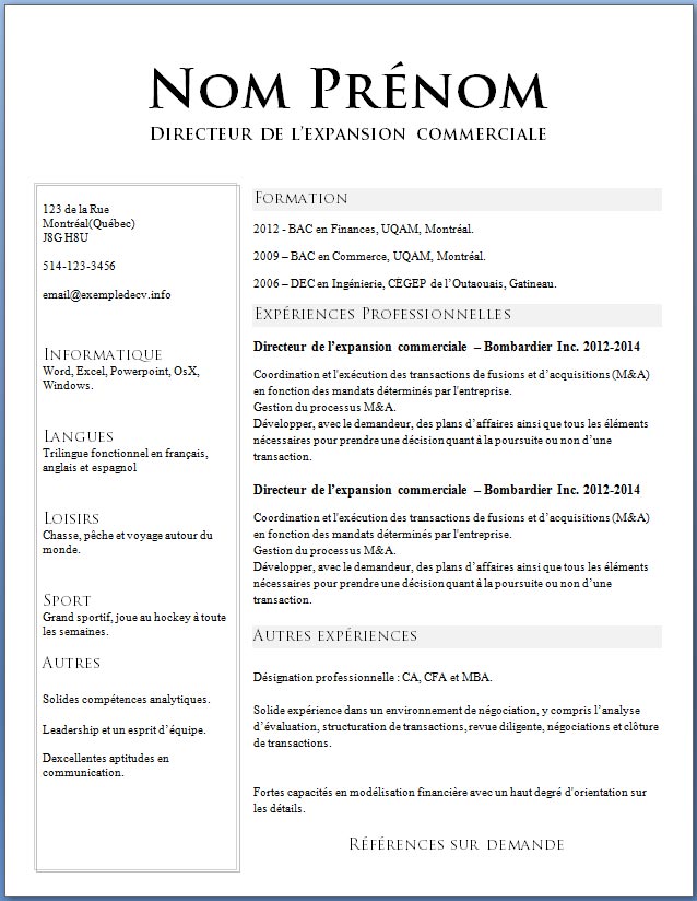 cv modele en francais gratuit