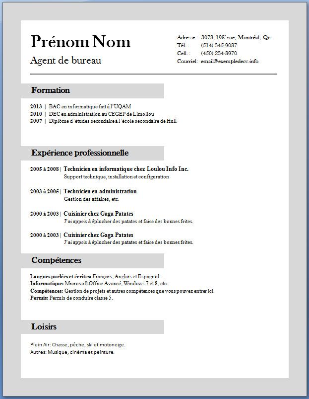 cv modele en francais gratuit