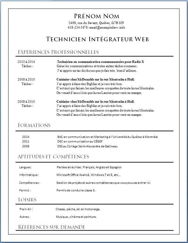 cv sans photo exemple