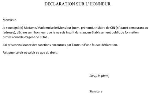 declaration sur honneur