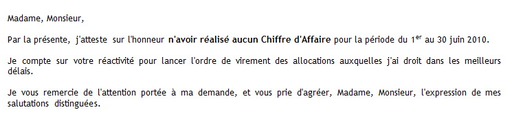 declaration sur l'honneur de non activite salariee