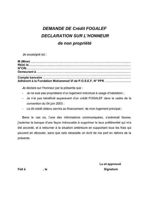declaration sur l'honneur logement