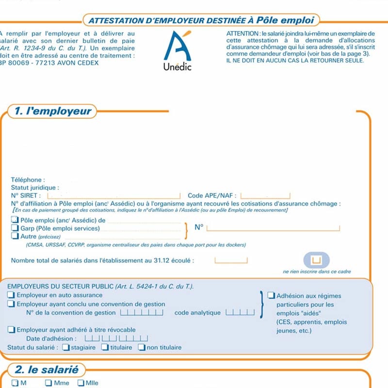 demande d'attestation pole emploi