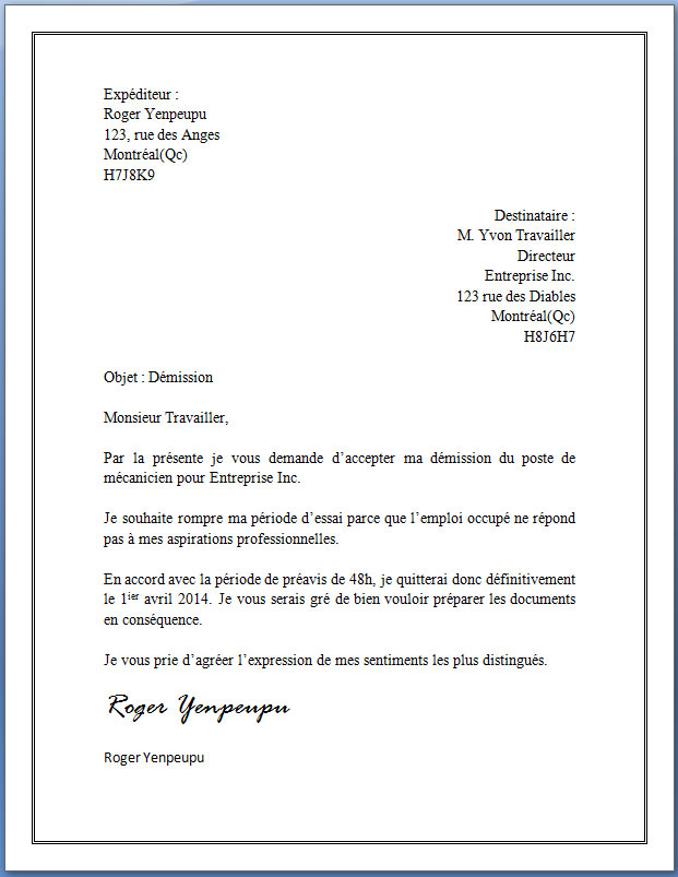 demande de preavis travail