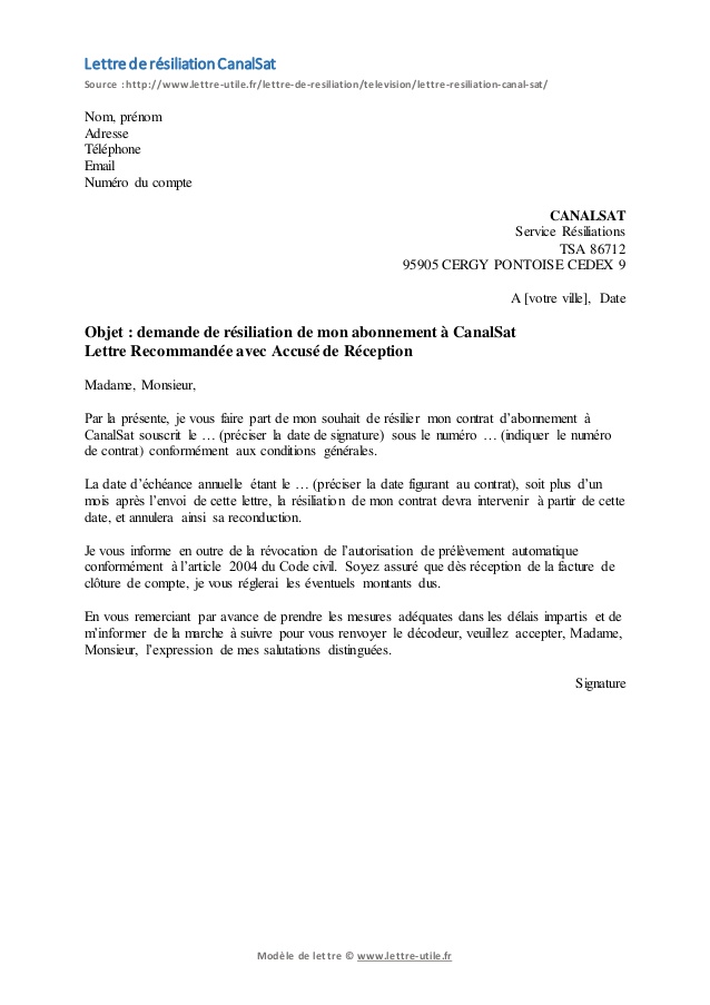 demande de resiliation canal sat