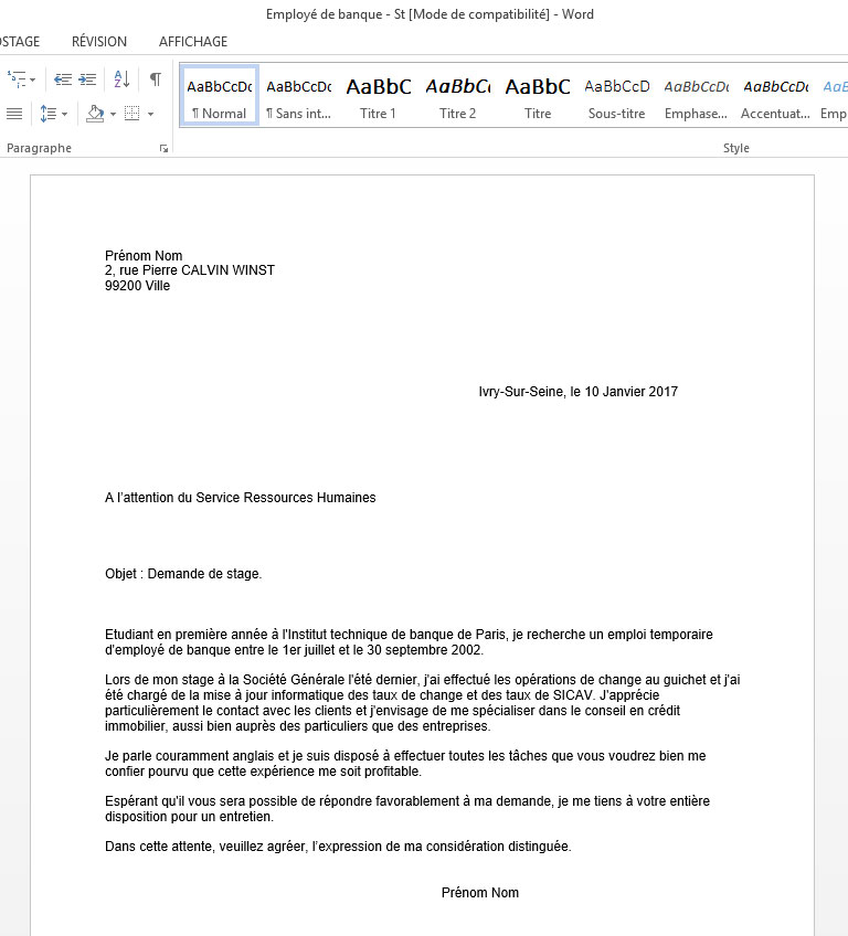 demande de stage en banque