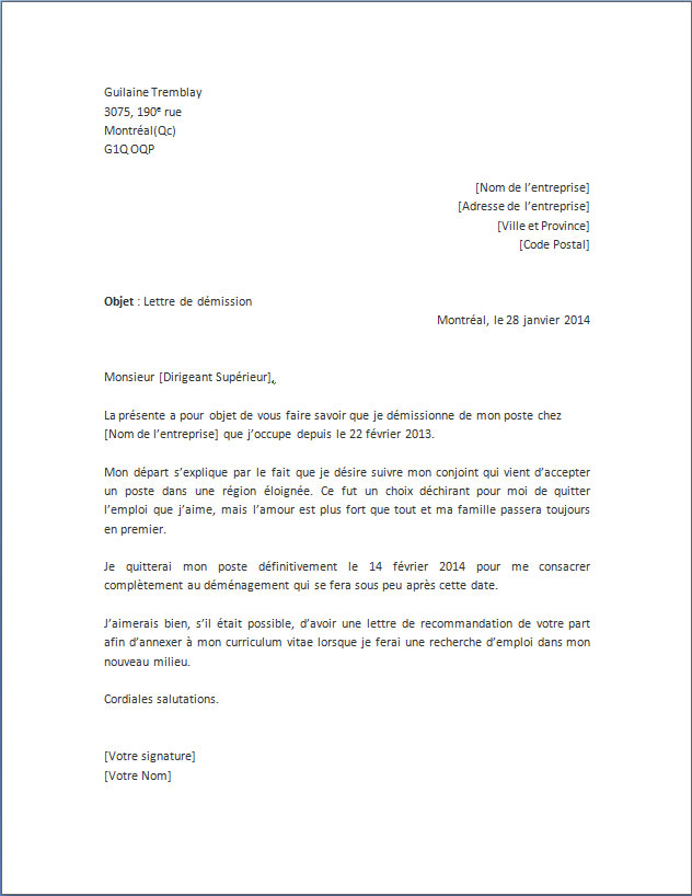 demission suivi de conjoint delai