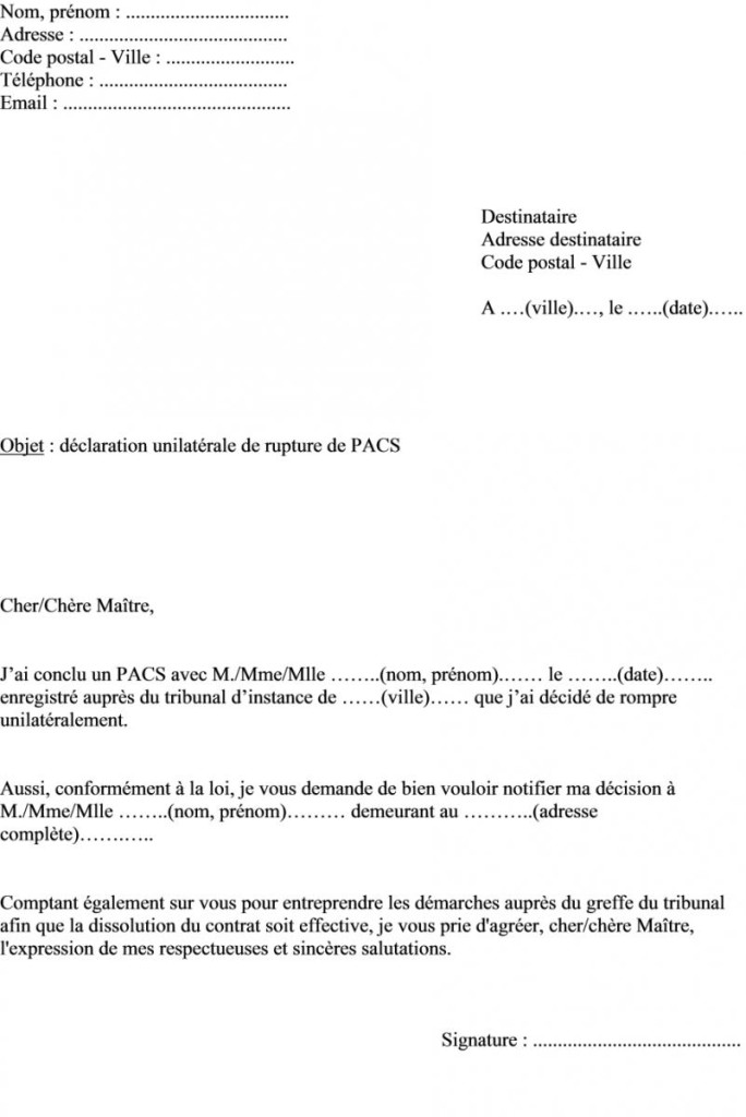 dissolution de pacs lettre