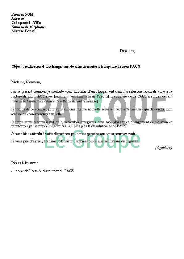 dissolution de pacs lettre