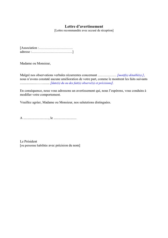 exemplaire de lettre d'avertissement