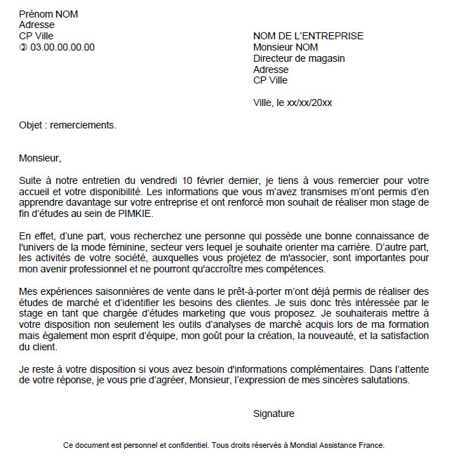 exemplaire lettre de remerciement