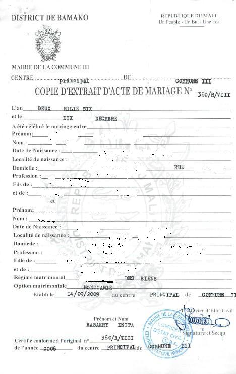 exemple certificat de mariage