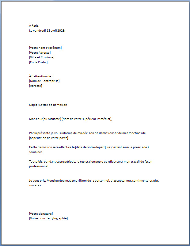 exemple courrier demission