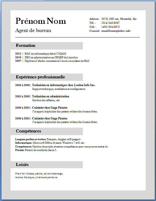 exemple cv gratuit a imprimer