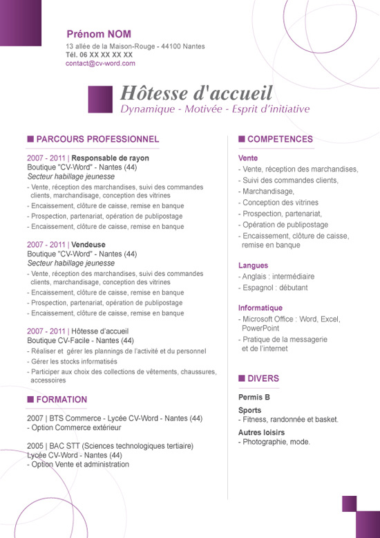 exemple cv hotesse d'accueil
