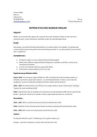exemple cv hotesse d'accueil