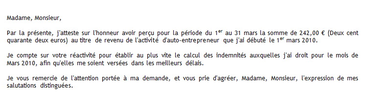 exemple d'attestation sur l'honneur de non activite