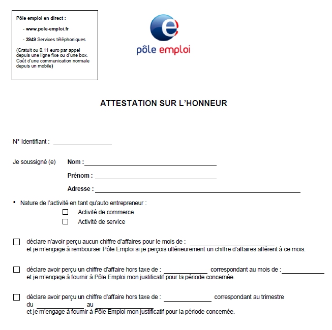 exemple d'attestation sur l'honneur de non activite