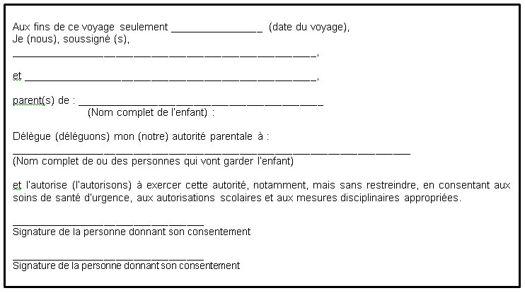 exemple d'autorisation parentale pour voyager