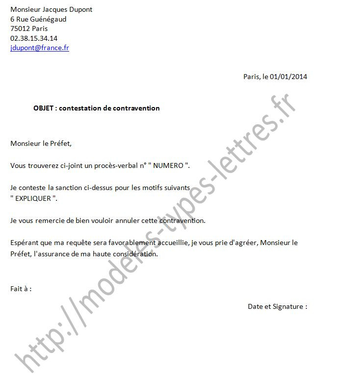 exemple de contestation d'amende