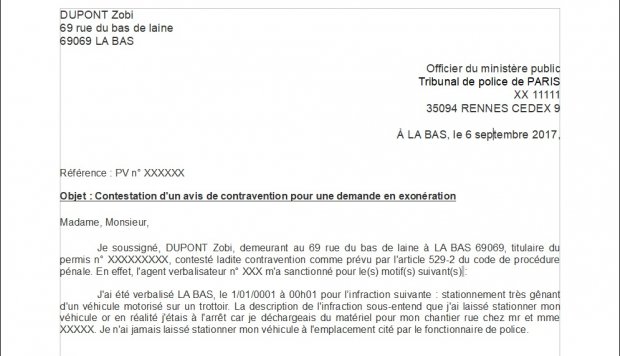 exemple de contestation d'amende