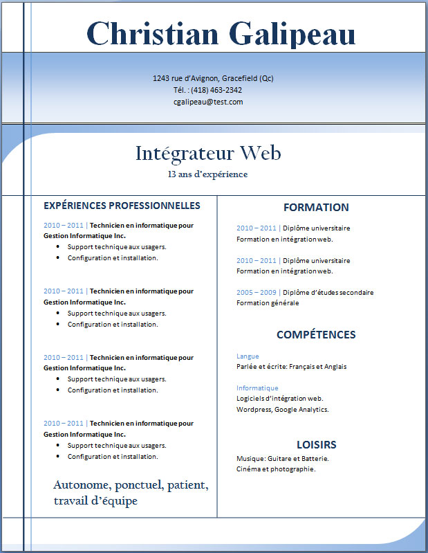 exemple de cv type gratuit
