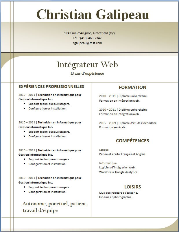 exemple de cv word gratuit