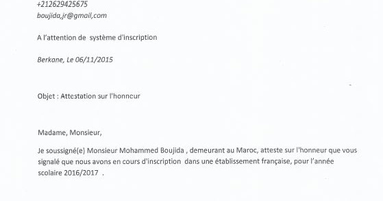 exemple de declaration sur l'honneur