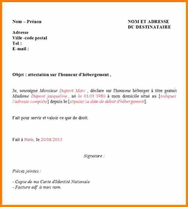 exemple de lettre attestation d hebergement