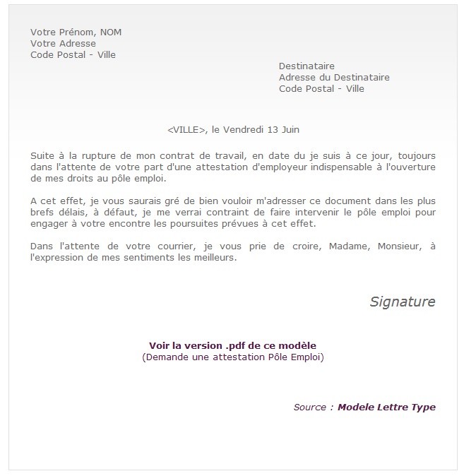 exemple de lettre attestation