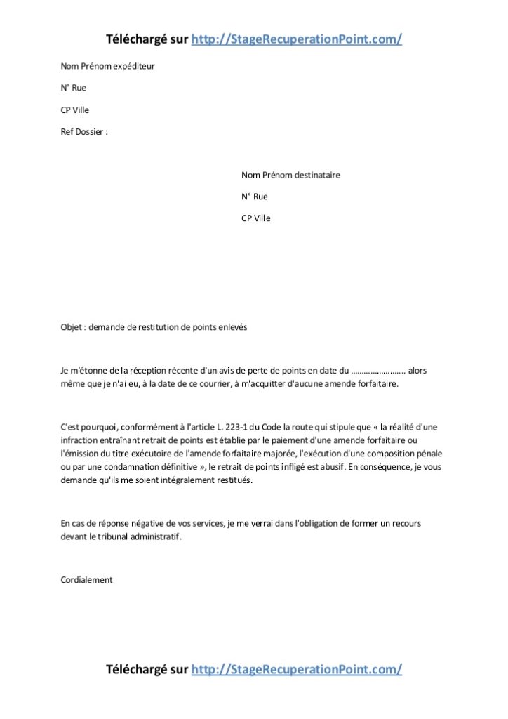 exemple de lettre contestation amende