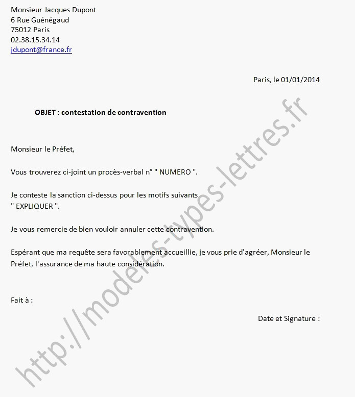 exemple de lettre contestation pv