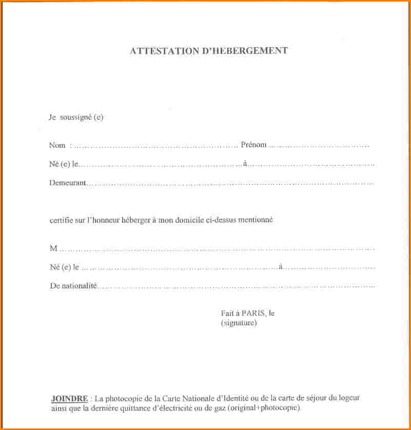 exemple de lettre d'attestation d'hebergement a titre gratuit
