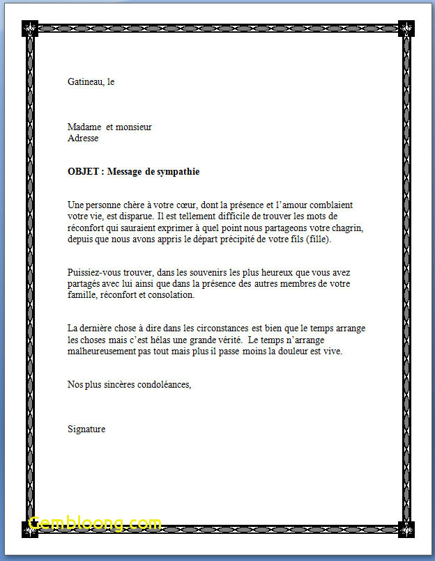exemple de lettre de condoleances