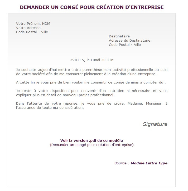 exemple de lettre de conge parental gratuit